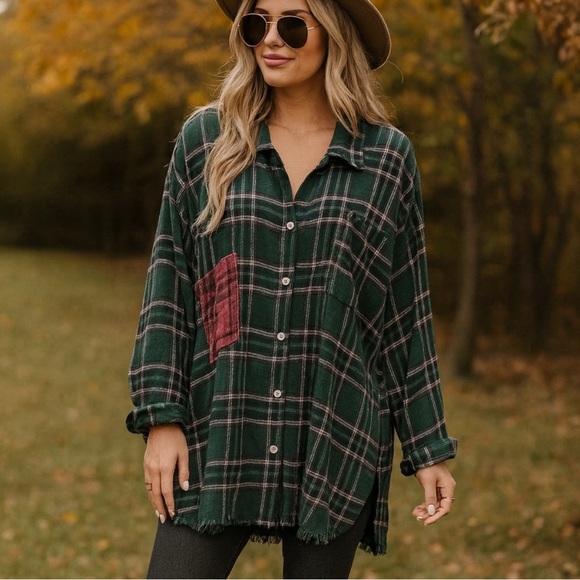 Plaid Button-Up Shirt in Green and Red - Picture 1 of 7